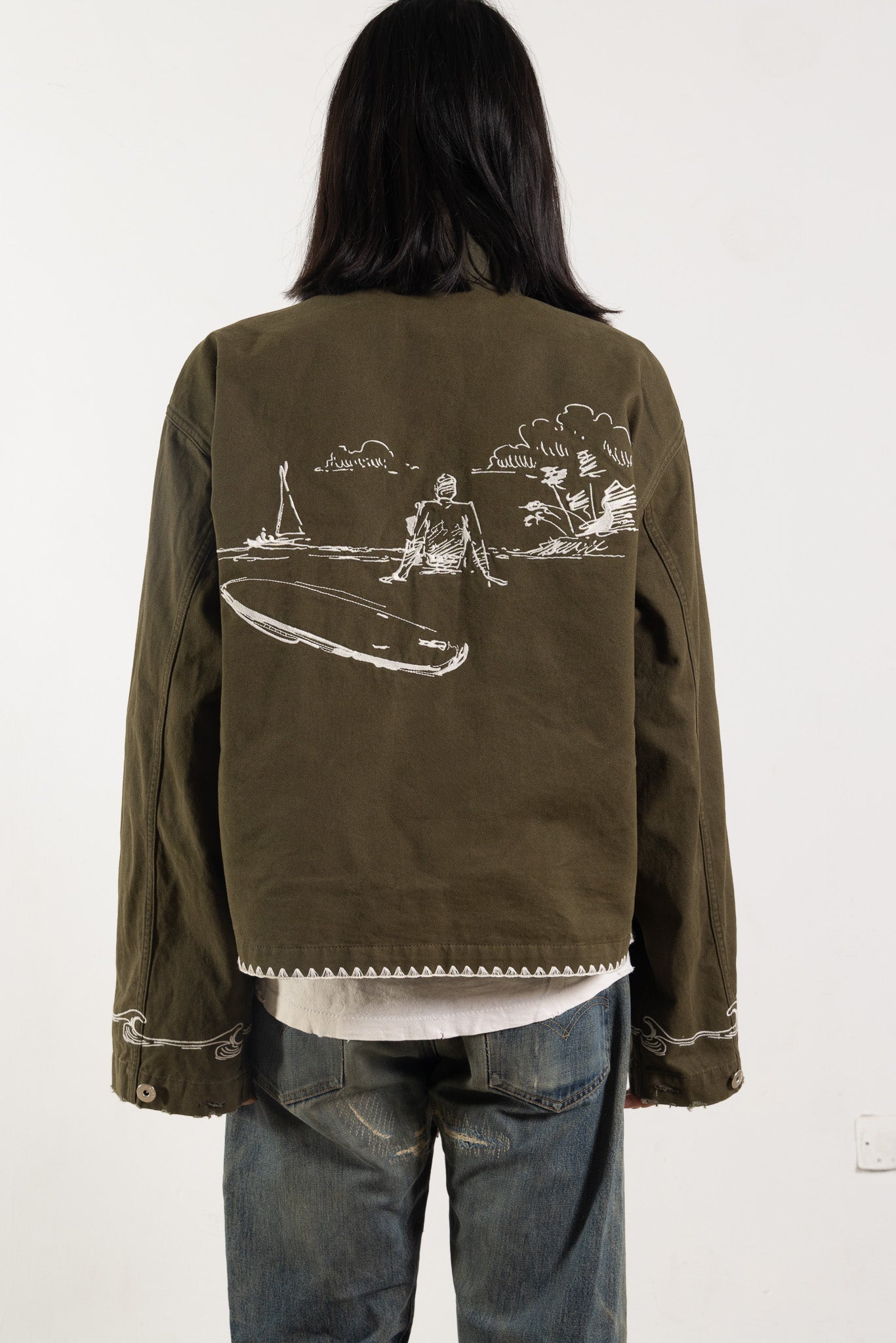 Green Cotton Embroidered Military Jacket
