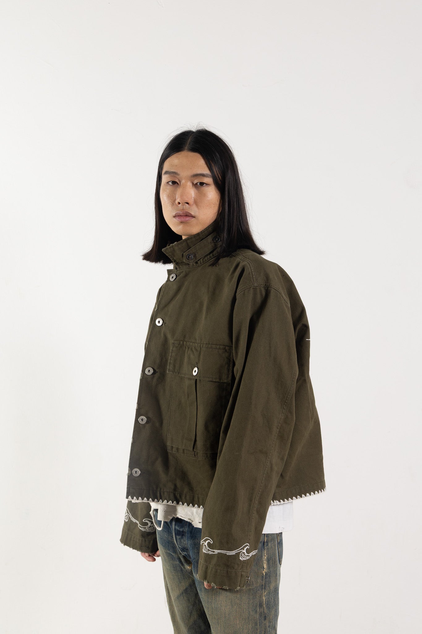 Green Cotton Embroidered Military Jacket