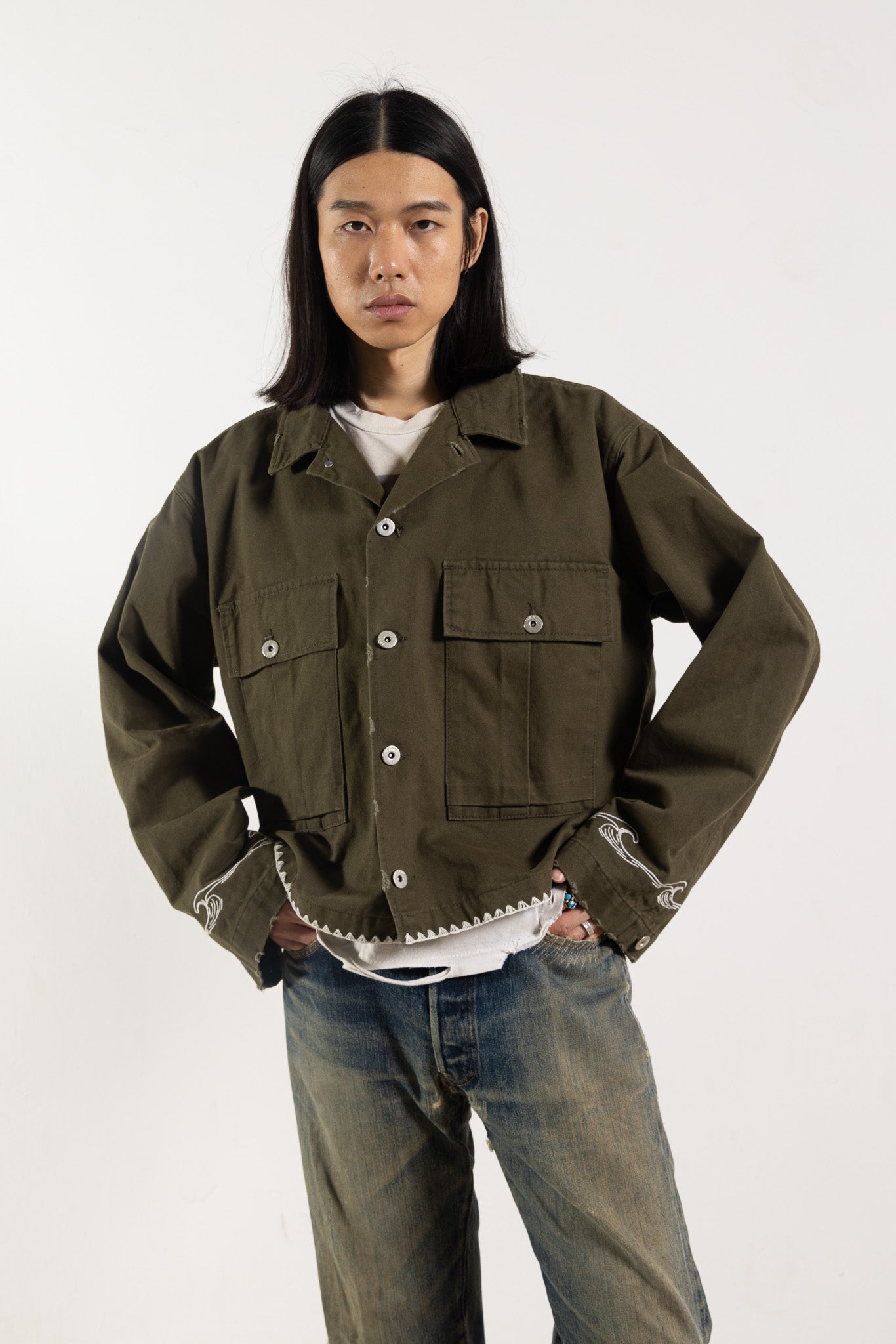 Green Cotton Embroidered Military Jacket