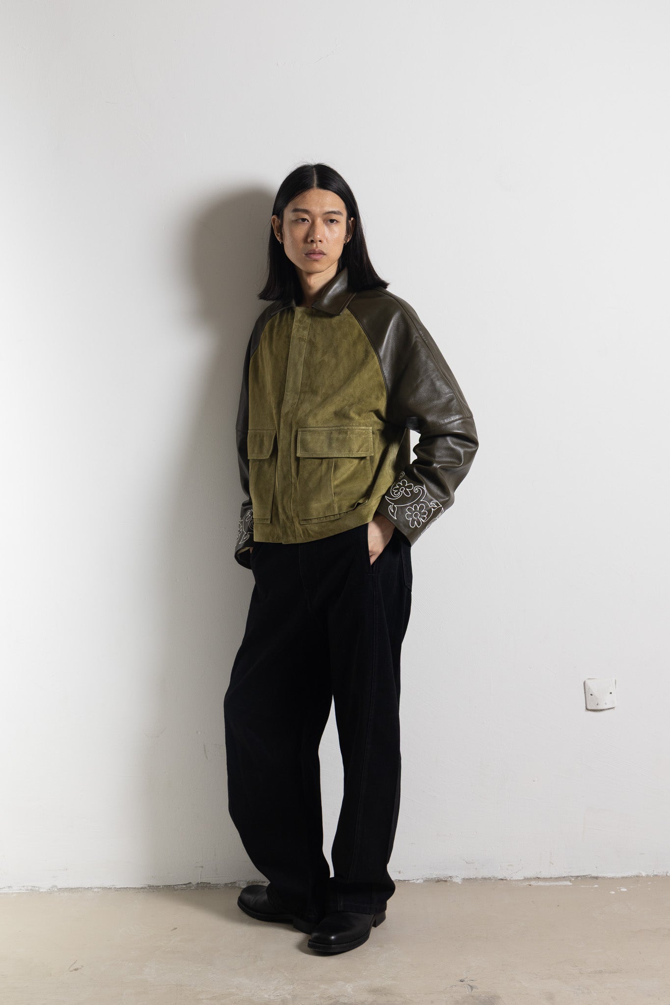 Goat Leather Bicolor Embroidered Jacket