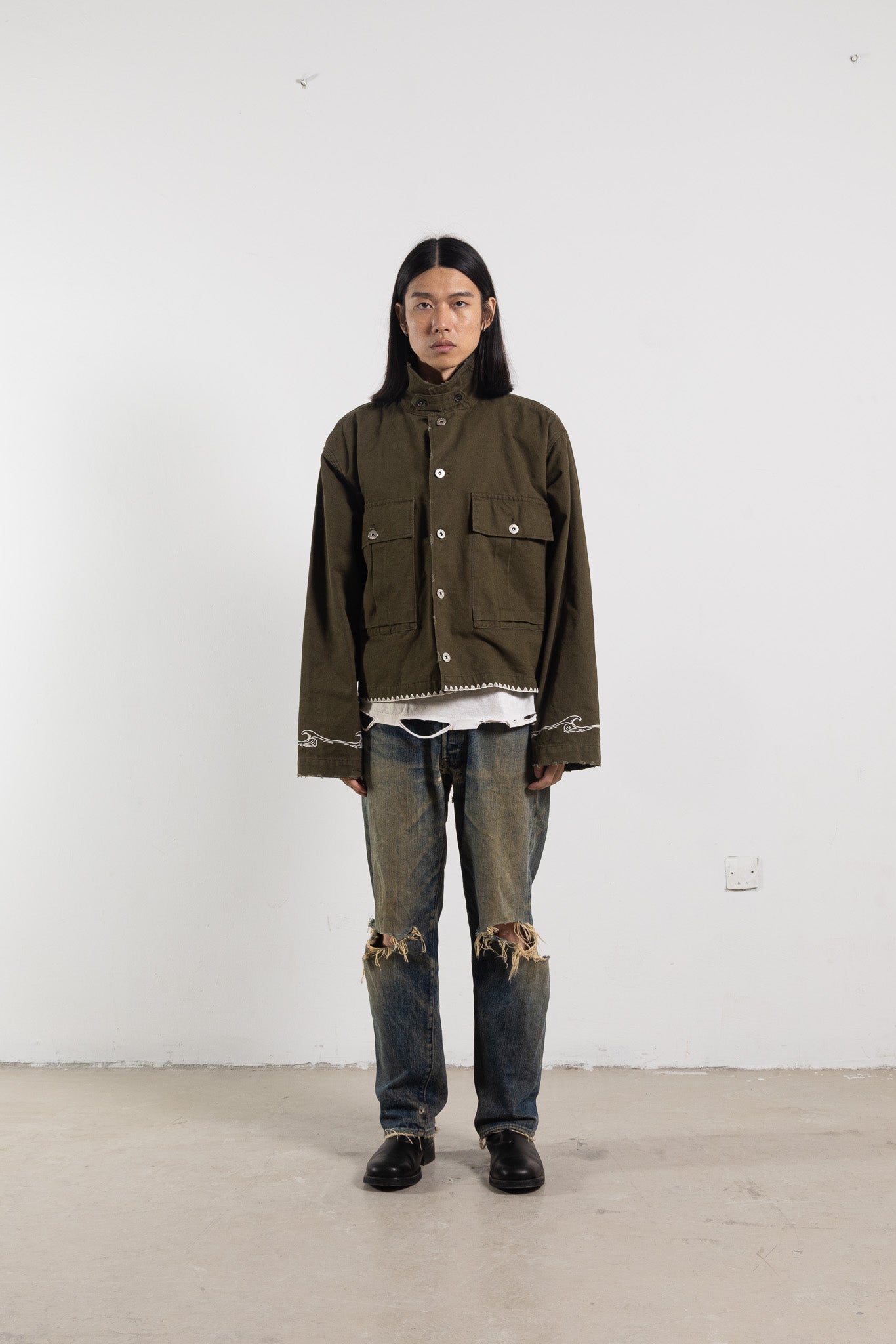 Green Cotton Embroidered Military Jacket